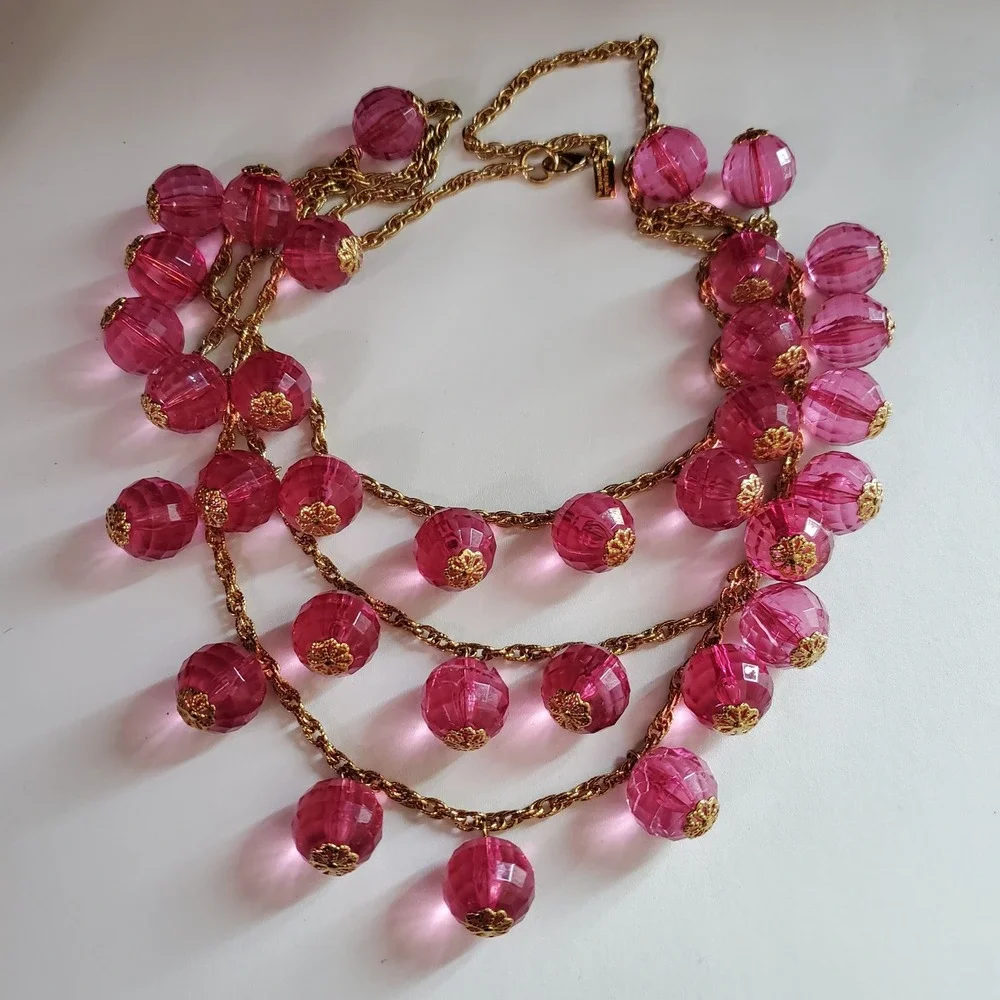 Kate Spade New York Pink Faceted Bead Triple Strand Statement Necklace Gold Tone